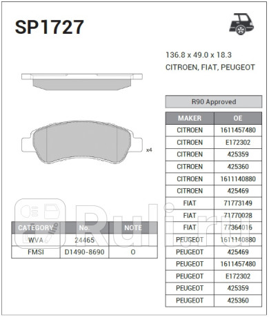 SP1727 - Колодки тормозные дисковые задние (HI-Q) Fiat Ducato 290 (2014-2020) для Fiat Ducato 290 (2014-2020), HI-Q, SP1727